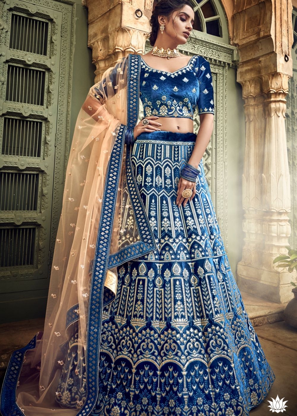 Azure Blue Velvet Lehenga Choli with Thread, Zari and Pure Gota work (Pre-Order)