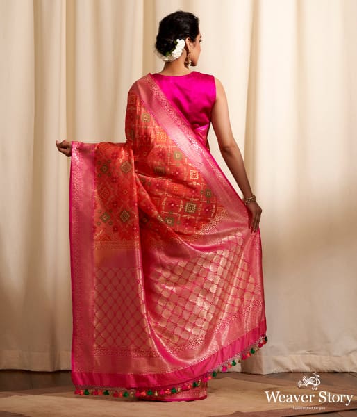 Handwoven Orange Banarasi Patola Saree with Pink Border