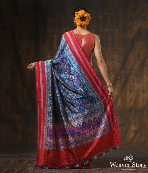 Handwoven Blue 5 Color Patola with Red Border