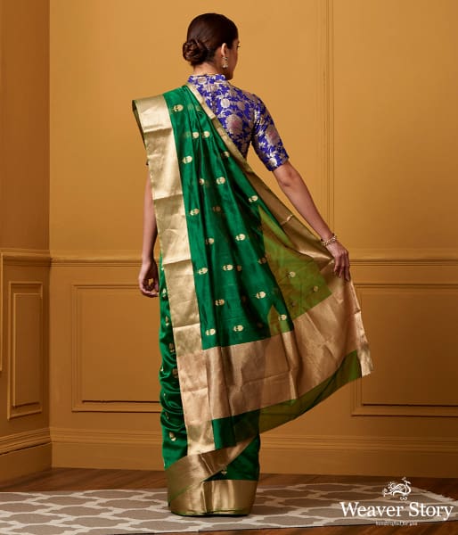 Handwoven Emerald Green Floral Boota With Chevron Gold Border