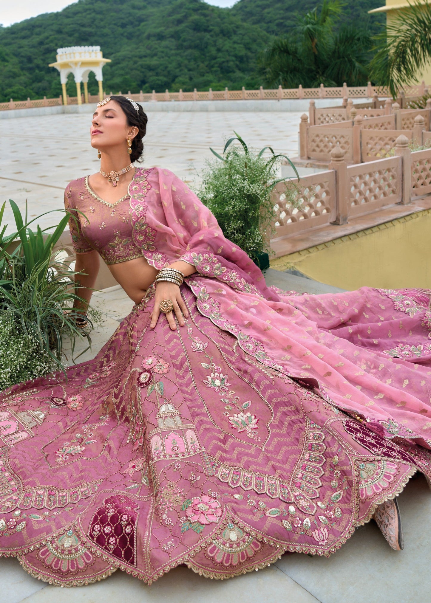 Smitten Pink Viscose Tissue Lehenga Choli with Embroidery Work