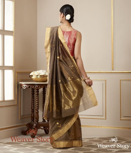 Handwoven Brown Saree with Small Floral Motif