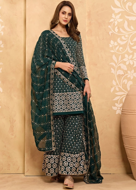 Sacramento Green Georgette Metti with Zari work Sharara Suit