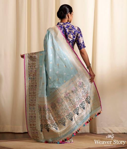 Handwoven Light Blue Trishul Boota Saree with Pachhera Border in Pink