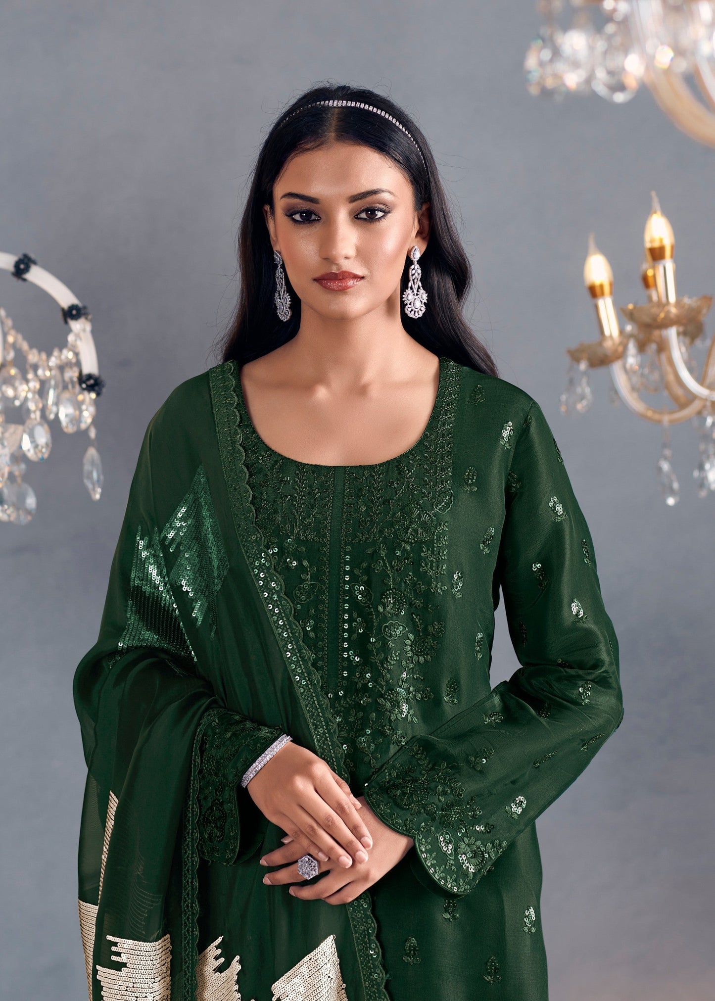 Green Hazel Russian Silk Sequins Salwar Suit