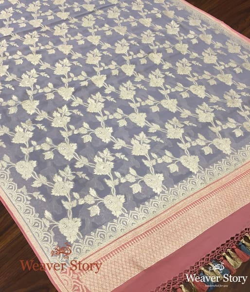 Handwoven Grey Banarasi Georgette Dupatta with Pink Border