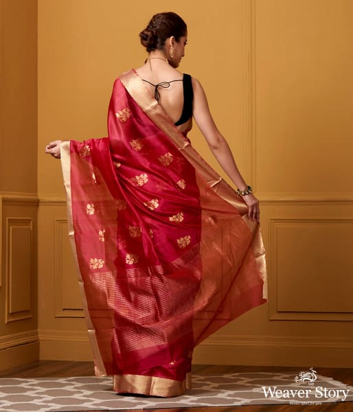 Handwoven Red Floral Boota Saree with Gold Zari Border