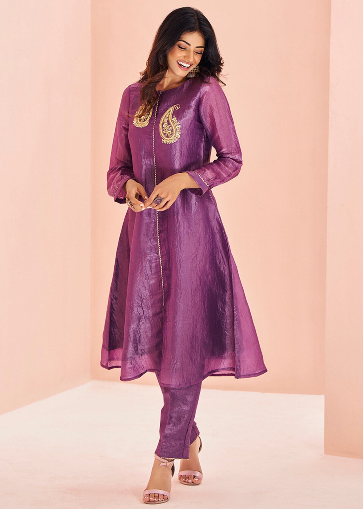 Purple Organza Handwork Kurta with Pant