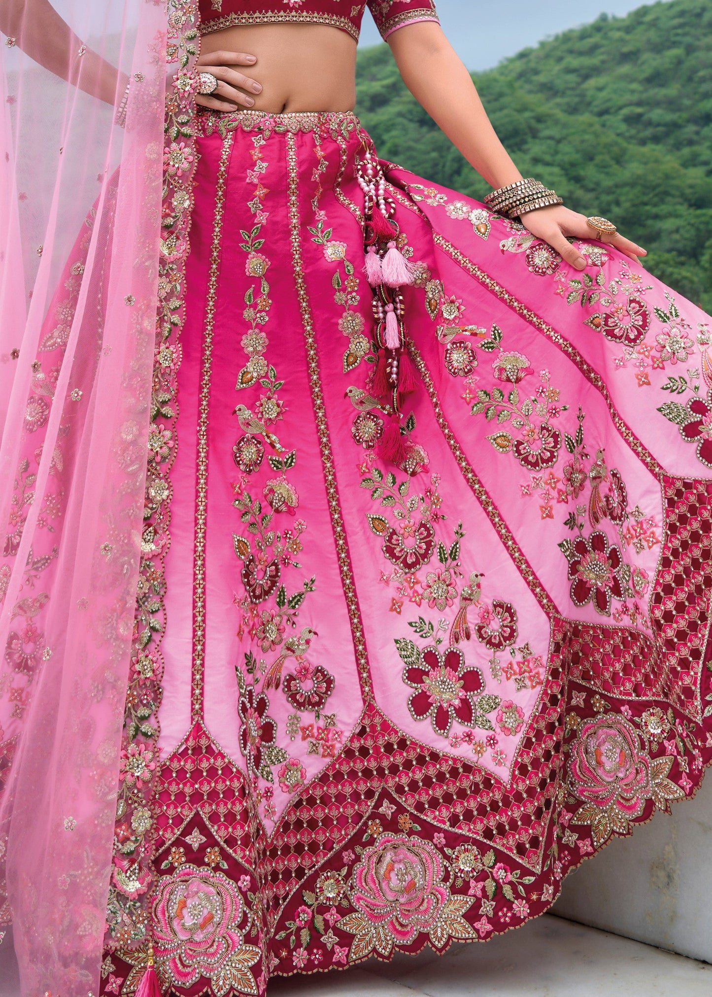 Raspberry Pink Viscose Tissue Lehenga Choli with Embroidery Work