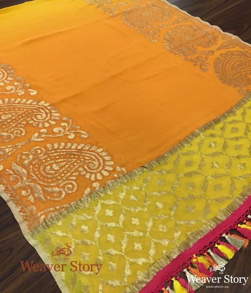 Handwoven Ombre Dye Orange and Yellow Banarasi Georgette Dupatta