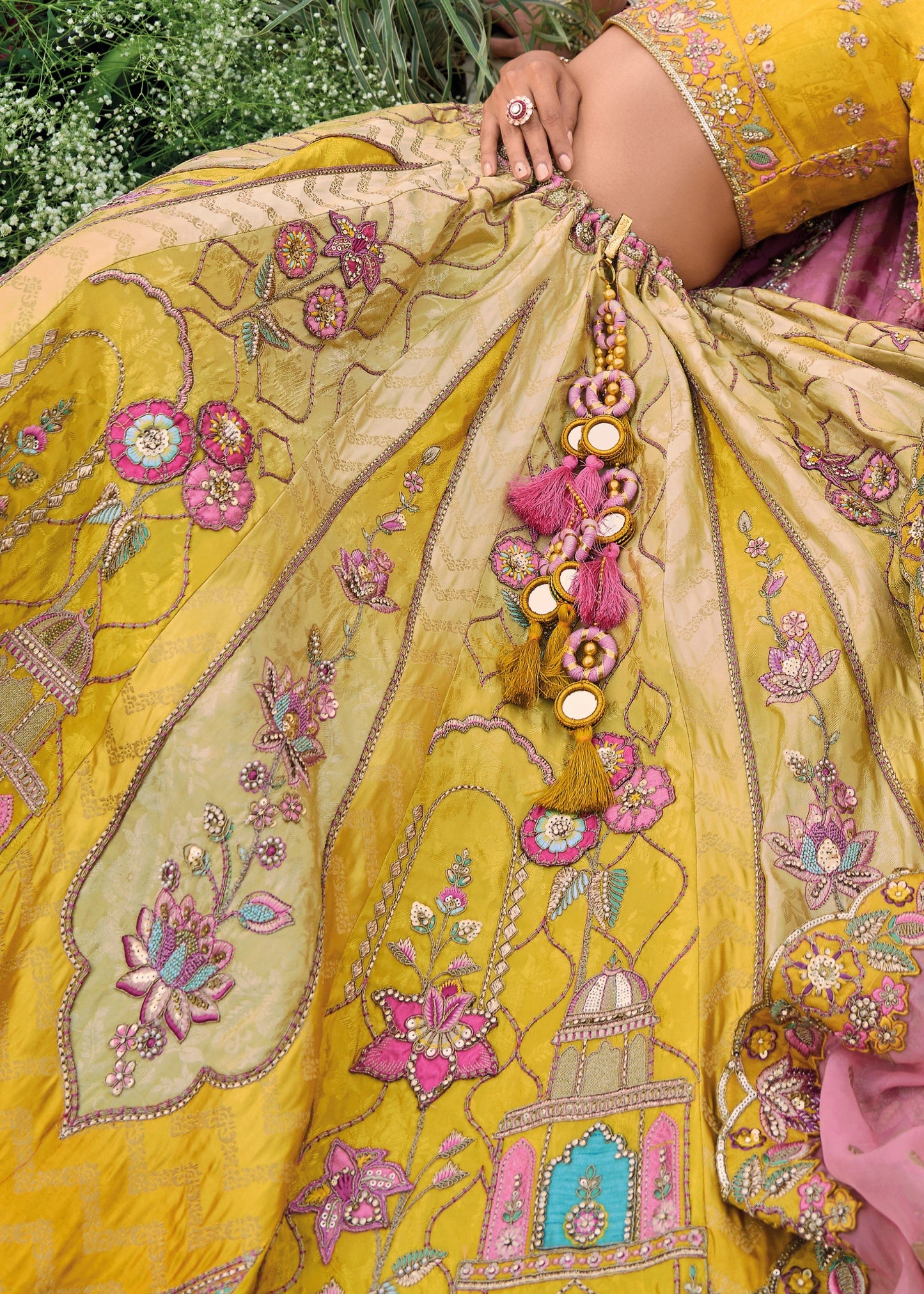 Canary Yellow and Pink Viscose Tissue Lehenga Choli with Embroidery Work