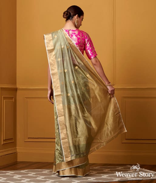 Handwoven Pista Green Small Asharfi Booti Saree With Red Meena