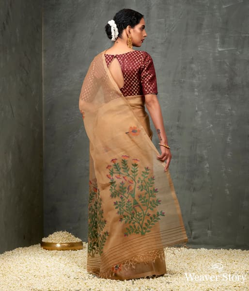 Handwoven Khaki Muslin Dhakai Jamdani Saree with Floral Motif and Heavy Pallu
