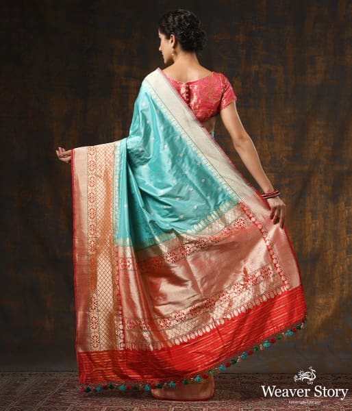 Handwoven Light Blue Kadhwa Boota with Orange Border