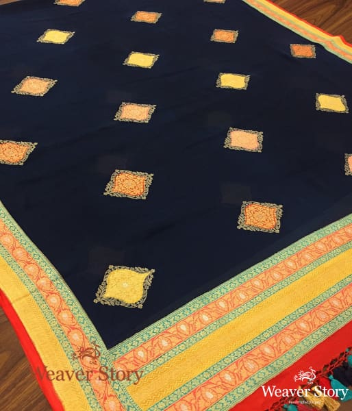 Handwoven Blue Georgette with Hand Painted Border