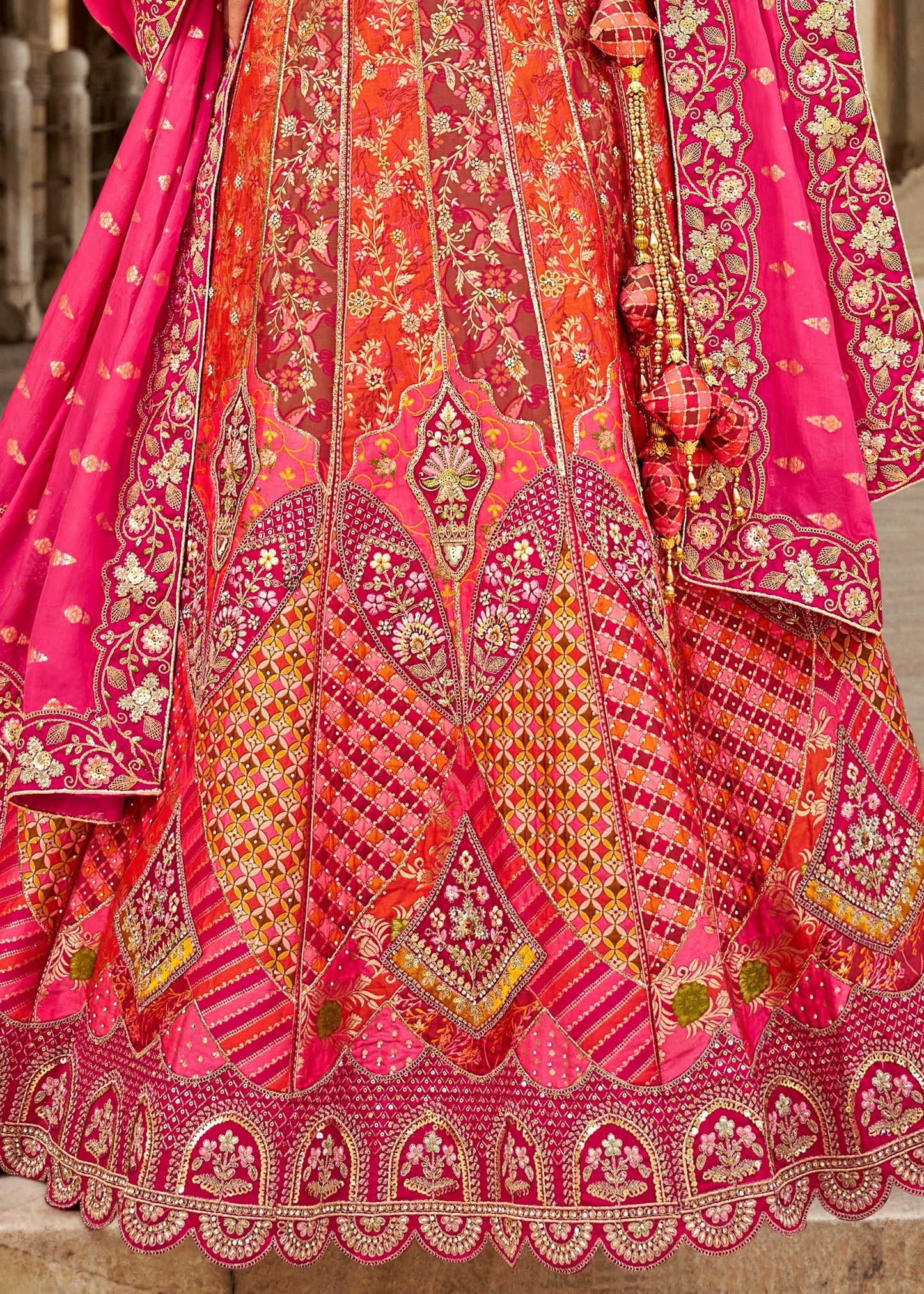 Rani Pink & Orange Banarasi Silk Lehenga Choli with Zarkan, Sequence and Thread Work