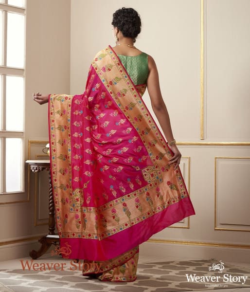 Handwoven Rani Pink with Meenakari, Konia, Real Zari Saree