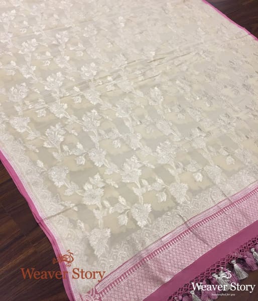 Handwoven Banarasi Georgette Dupatta in Beige with Pink