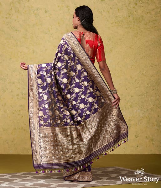 Handwoven Dark Purple Kadhwa Jangla Saree with Meenakari