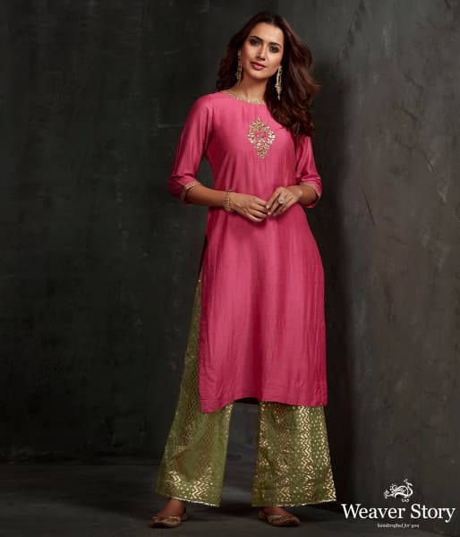 Hand embroidered munga silk kurta with zardozi detailing on the front and neck and sleeves