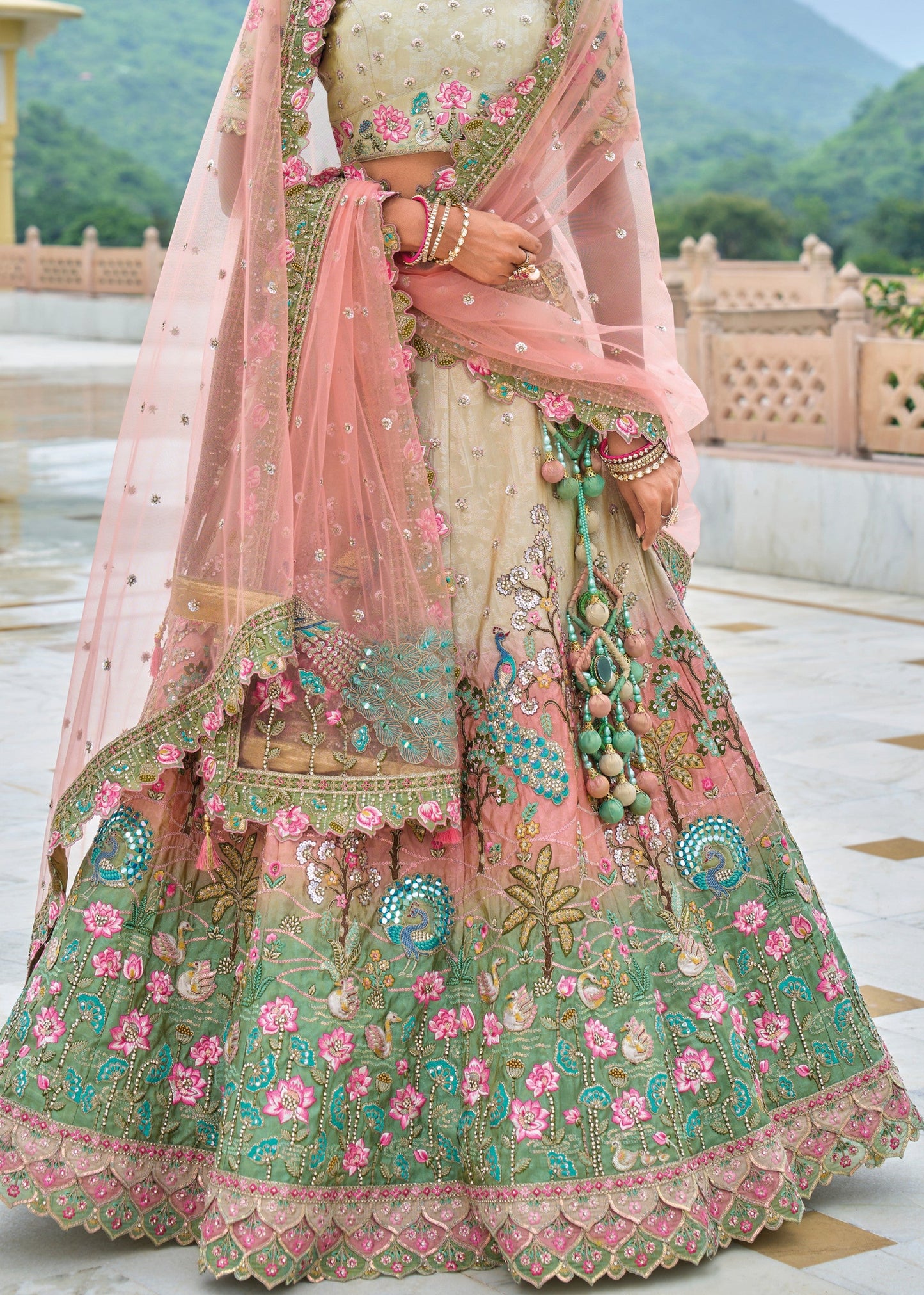 Pista Green and peach Viscose Tissue Lehenga Choli with Embroidery Work