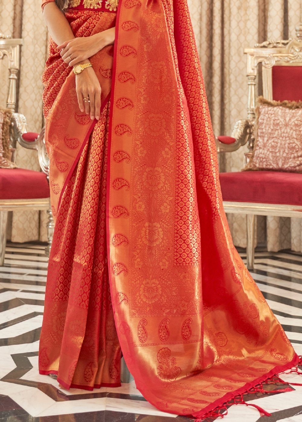 Vermilion Red Zari Woven Kanjivaram Silk Saree with Tassels on Pallu