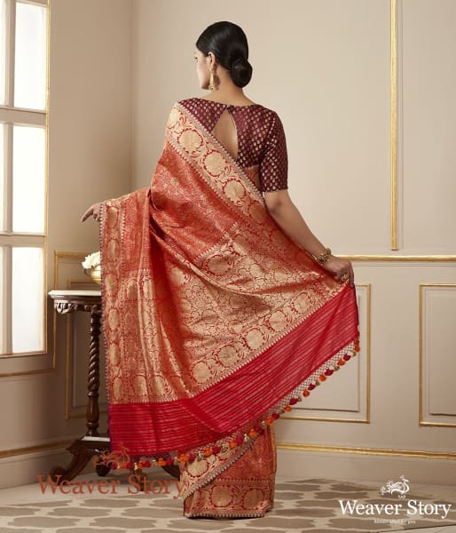 Handwoven Red Kimkhab Saree with Meenakari