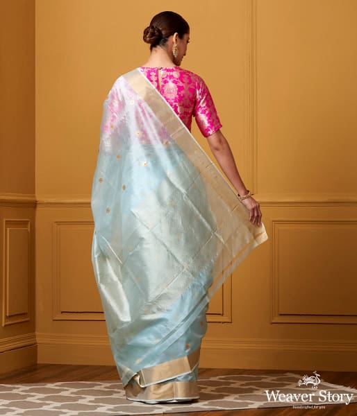 Handwoven Sky Blue Small Asharfi Boota Saree With Red Meena