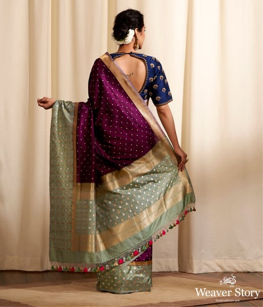 Handwoven Wine Oval Dots Saree with Check Border