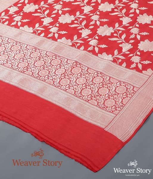 Handwoven Red Munga Silk Dupatta with Cutwork Jaal