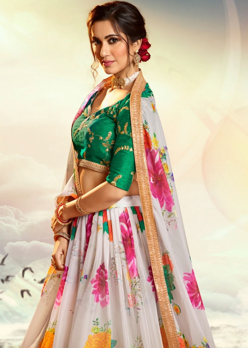 Off-White Organza Designer Printed Floral Lehenga Choli with Sequins and Zari work(Pre-Order)