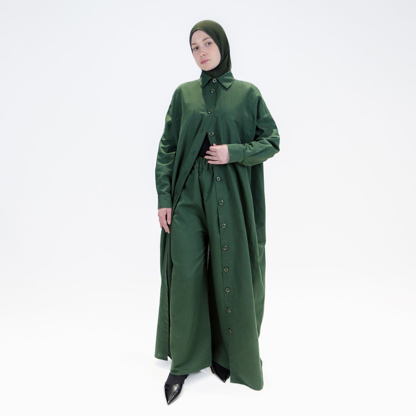 Abaya dress style maxi dress for women with wide trousers "Khaki Linen"