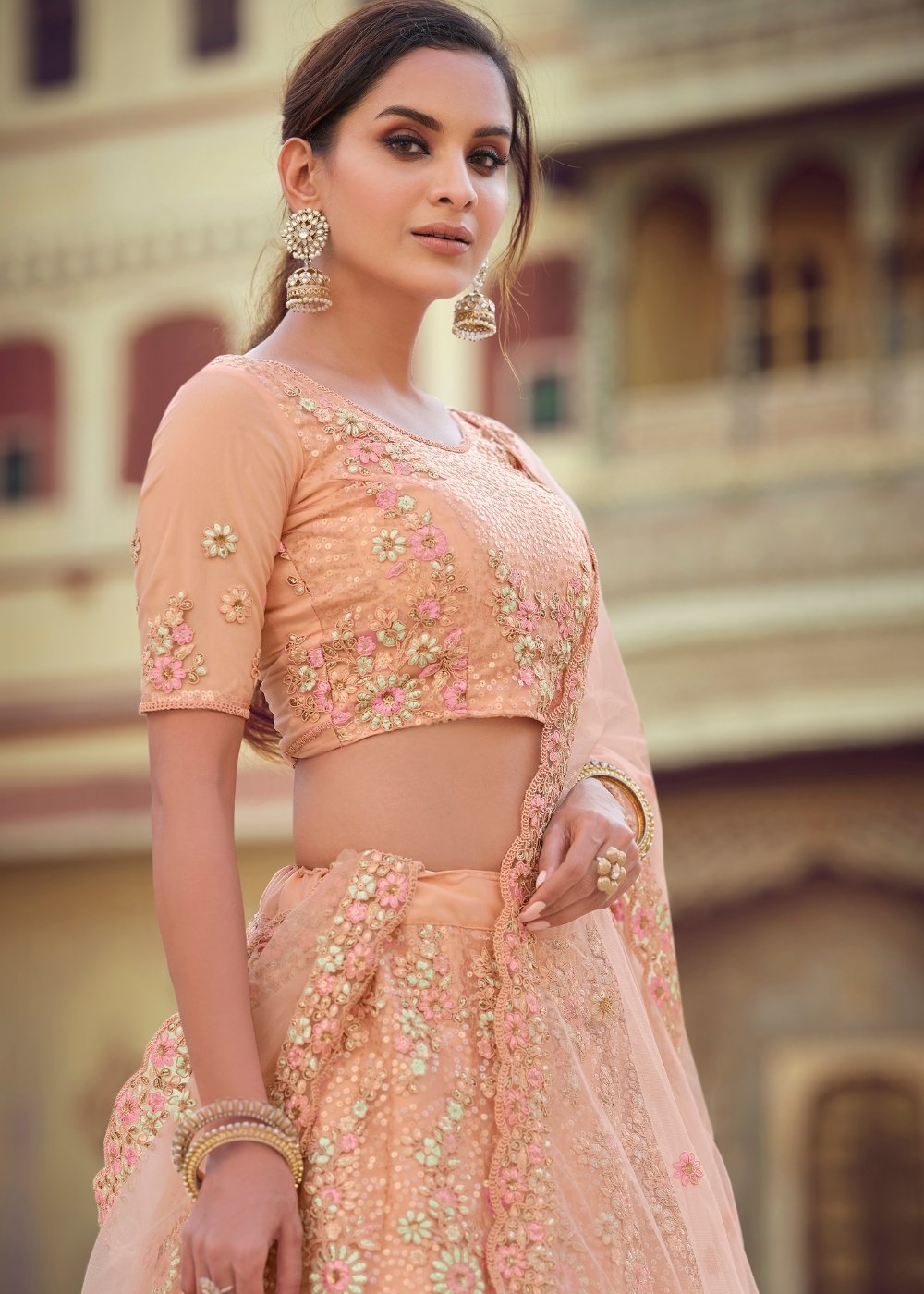 Salmon Orange Soft Net Lehenga Choli with Sequins, Thread, Zari & Dori work