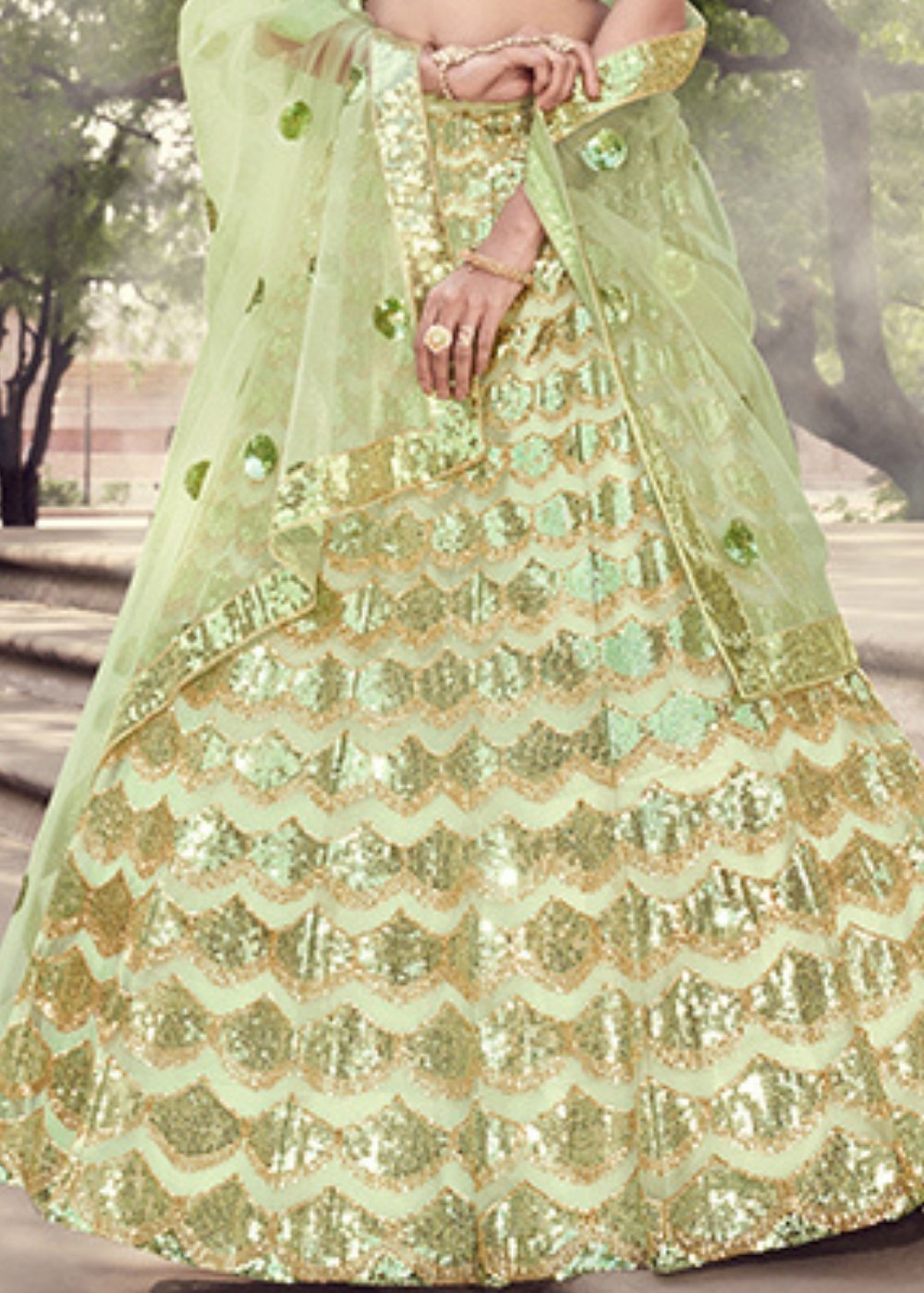 Lime Green Designer Soft Net Lehenga Choli with Sequins work