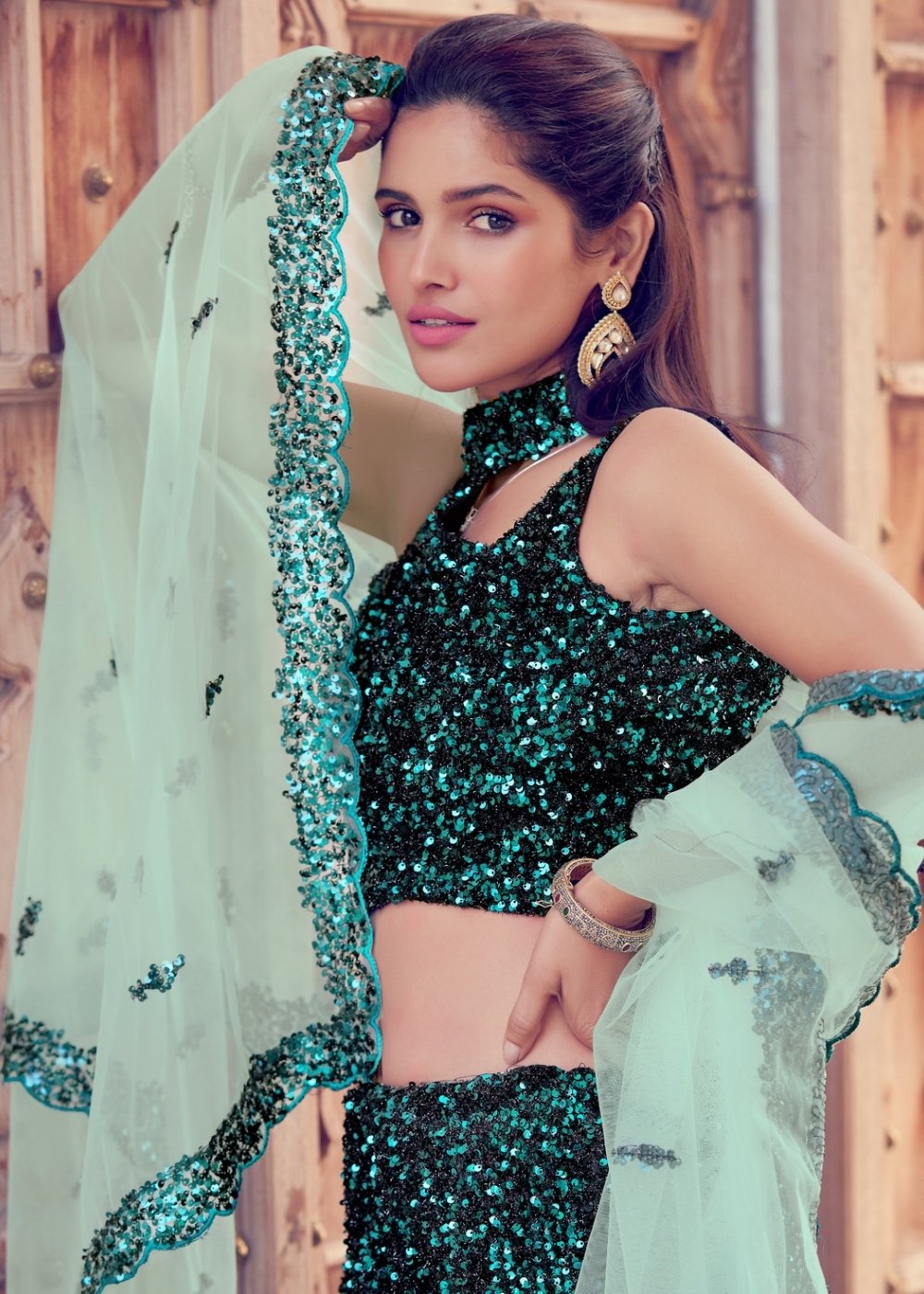 Black & Green Designer Lehenga Choli with Sequins work