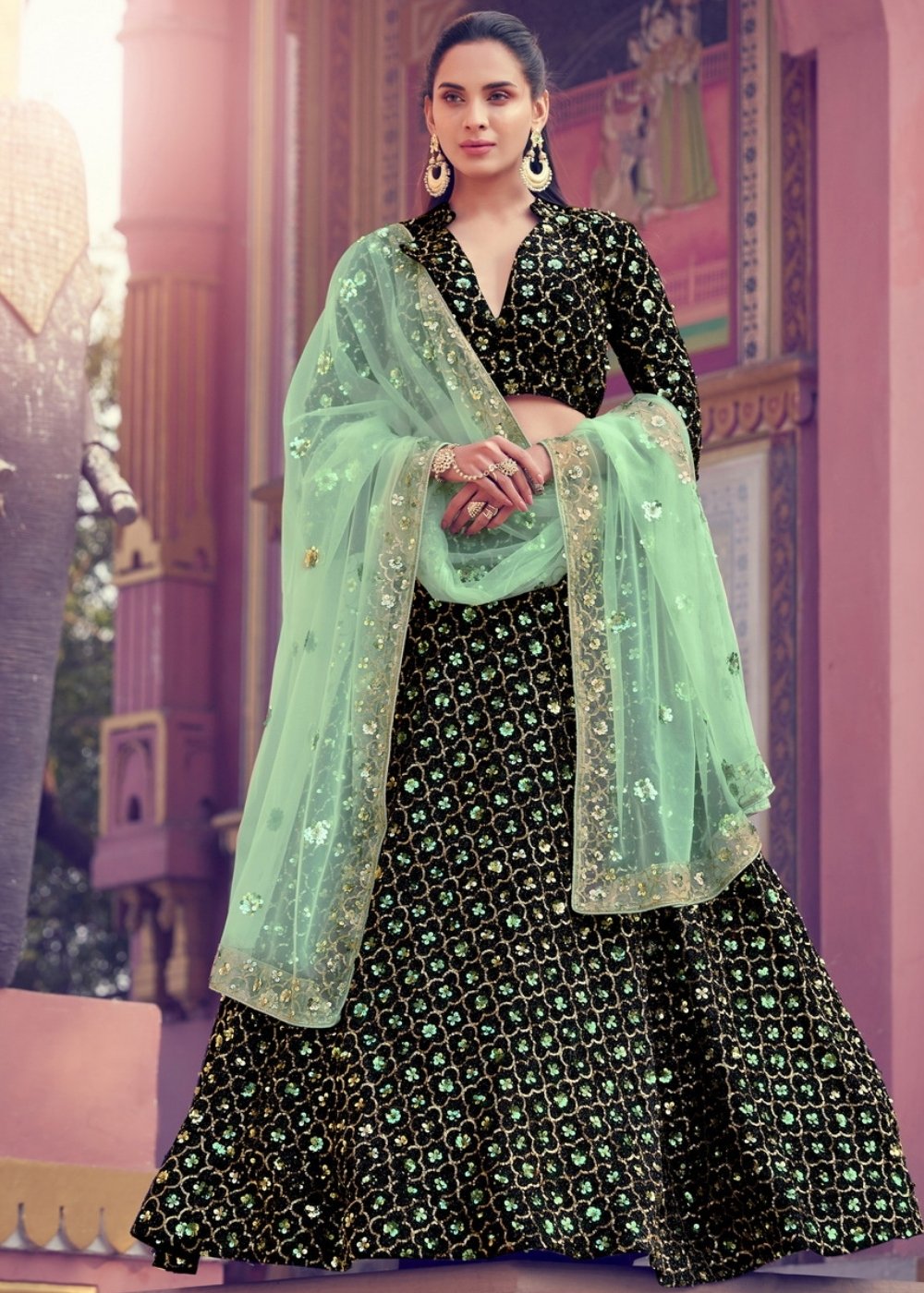 Black & Green Designer Lehenga Choli with Sequins work