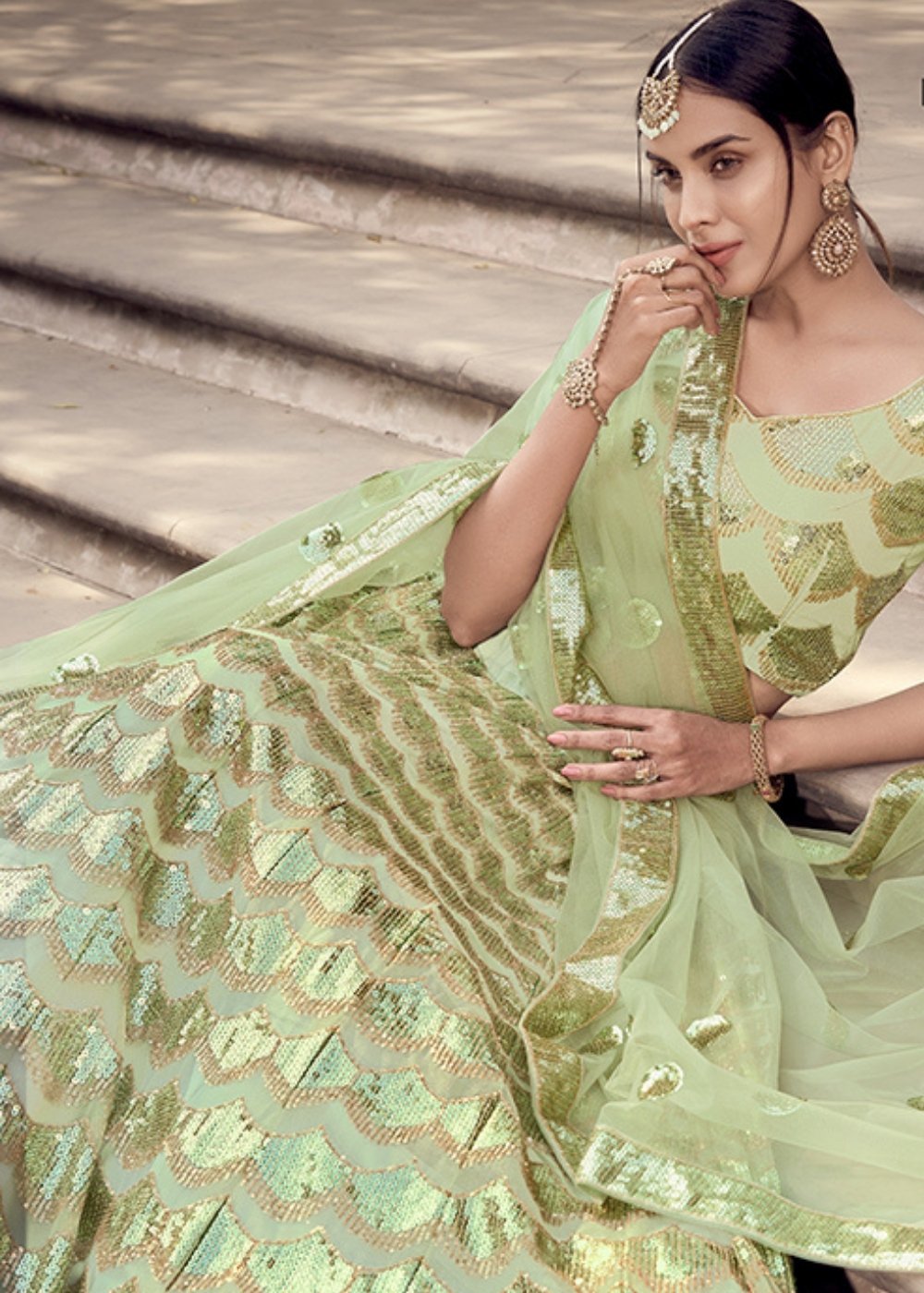 Lime Green Designer Soft Net Lehenga Choli with Sequins work