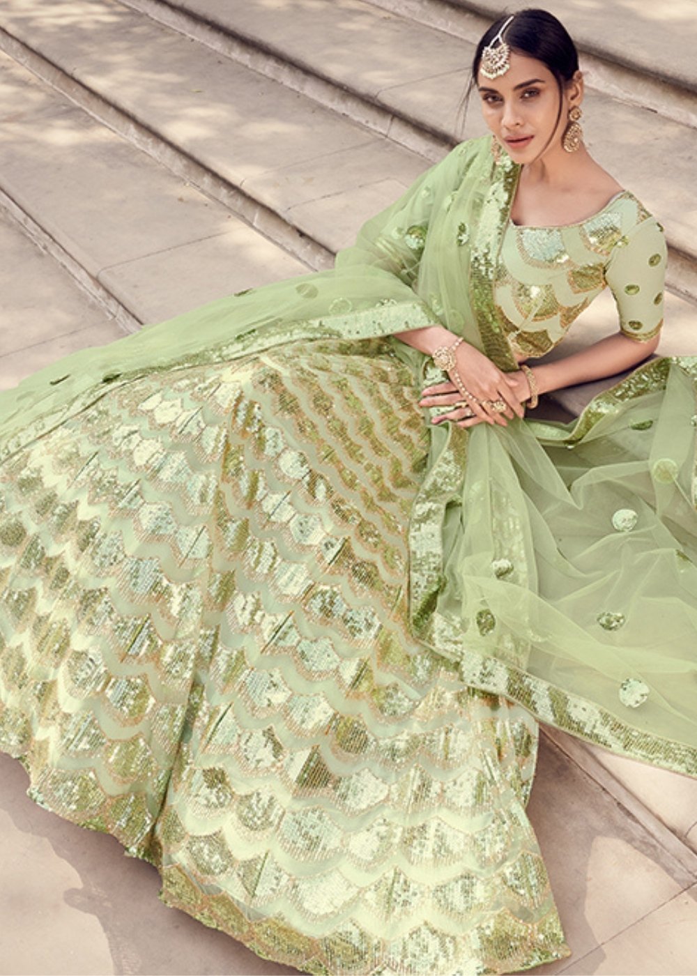Lime Green Designer Soft Net Lehenga Choli with Sequins work