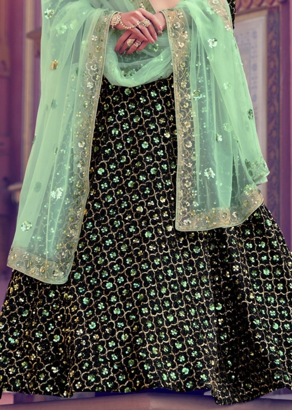 Black & Green Designer Lehenga Choli with Sequins work