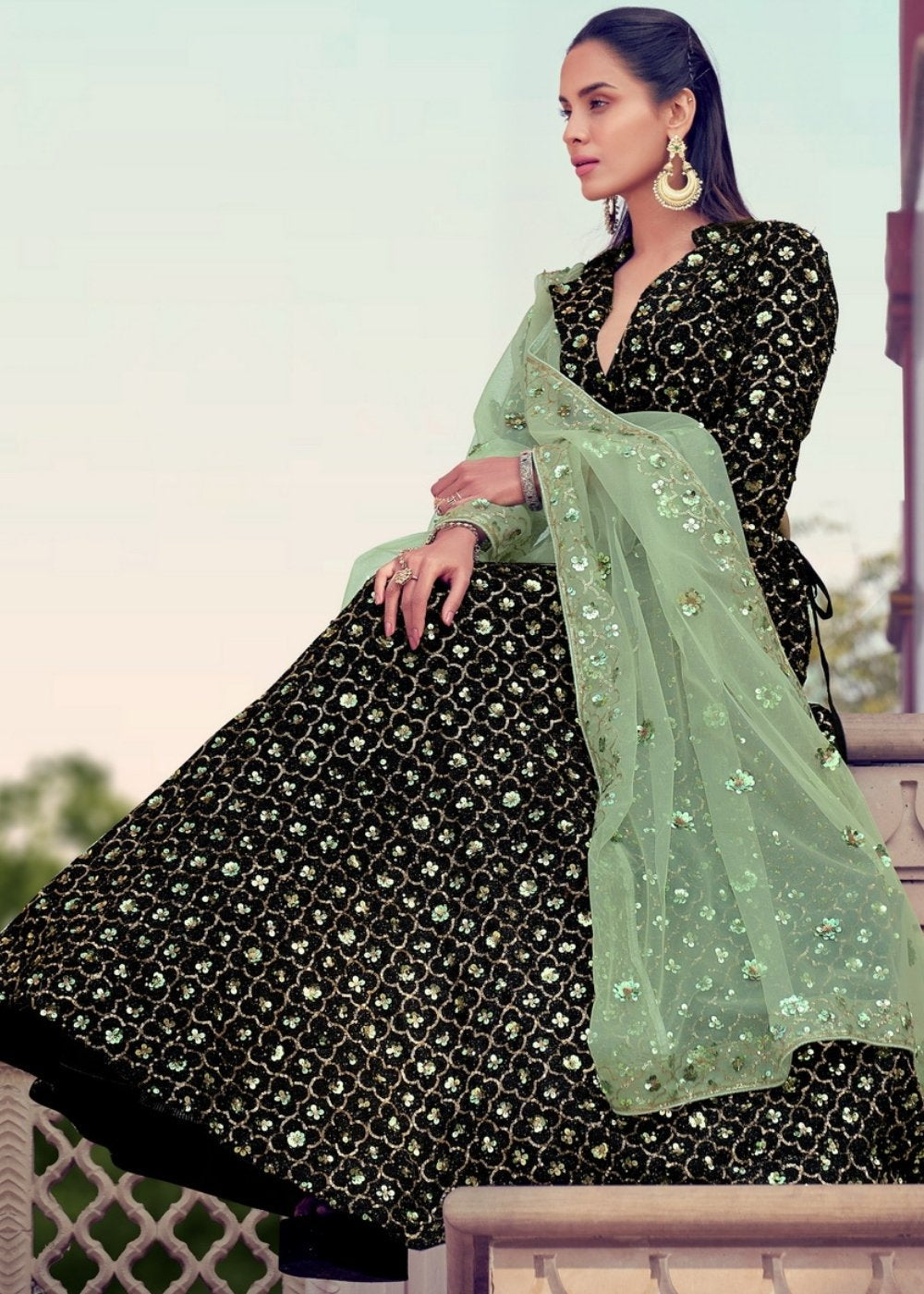 Black & Green Designer Lehenga Choli with Sequins work