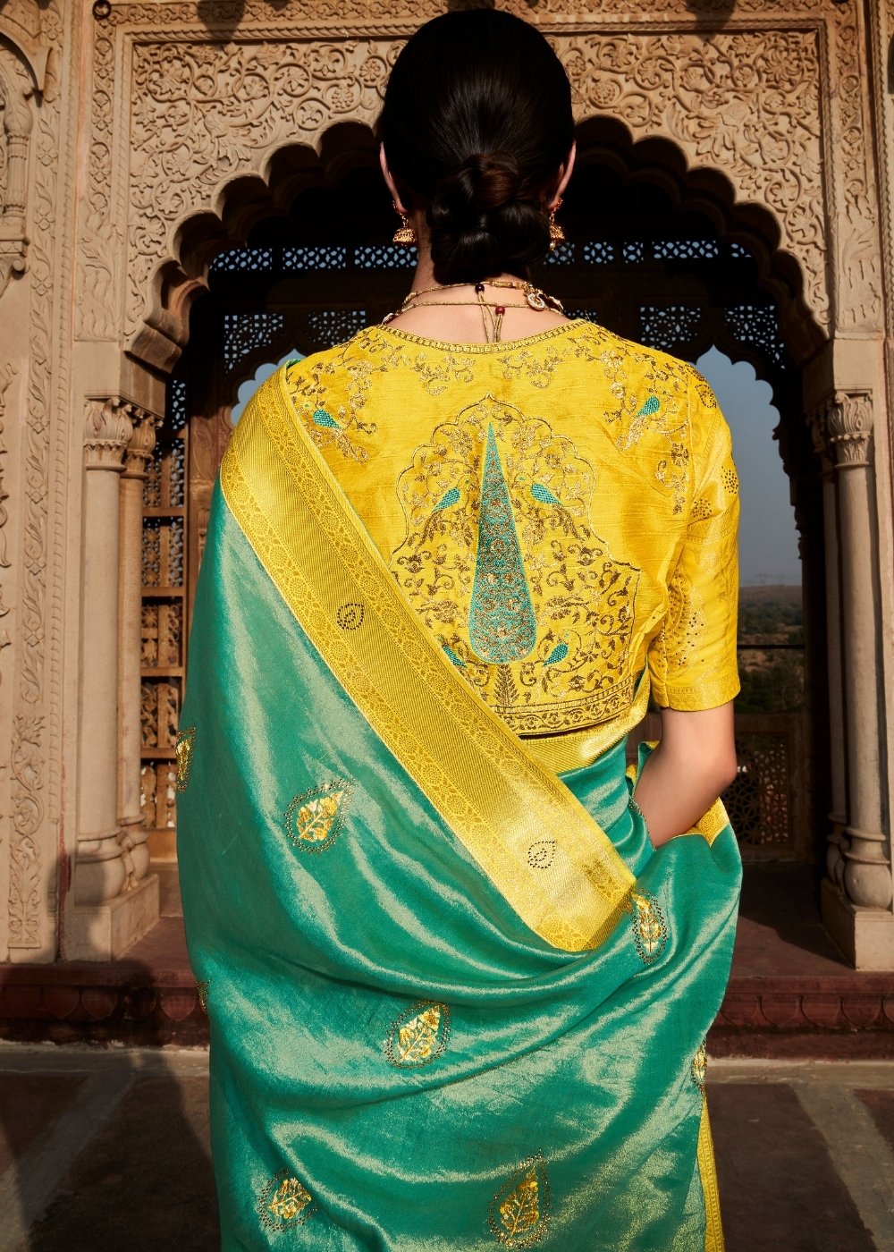 Verdigris Blue Woven Banarasi Silk Saree with Embroidered Blouse