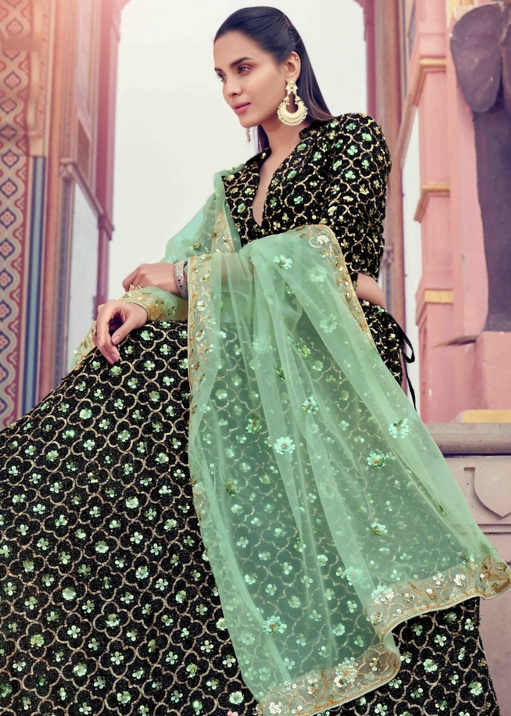 Black & Green Designer Lehenga Choli with Sequins work