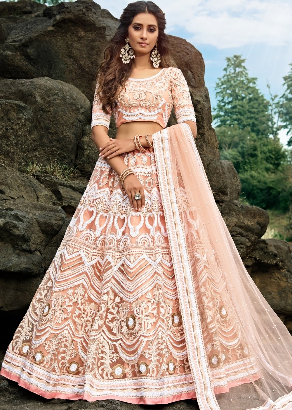 Peach Pink Designer Soft Net Lehenga Choli with Sequins, Thread & Zari work
