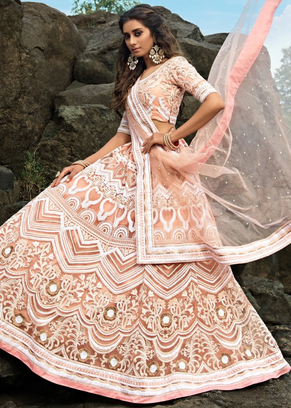 Peach Pink Designer Soft Net Lehenga Choli with Sequins, Thread & Zari work