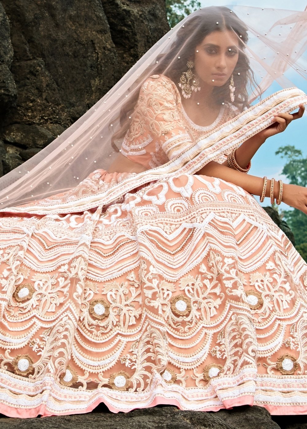 Peach Pink Designer Soft Net Lehenga Choli with Sequins, Thread & Zari work