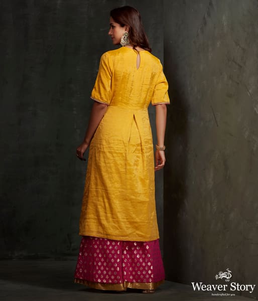 Hand embroidered munga silk suit in mustard color with brocade palazzo