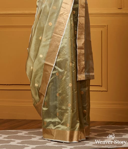 Handwoven Pista Green Small Asharfi Booti Saree With Red Meena
