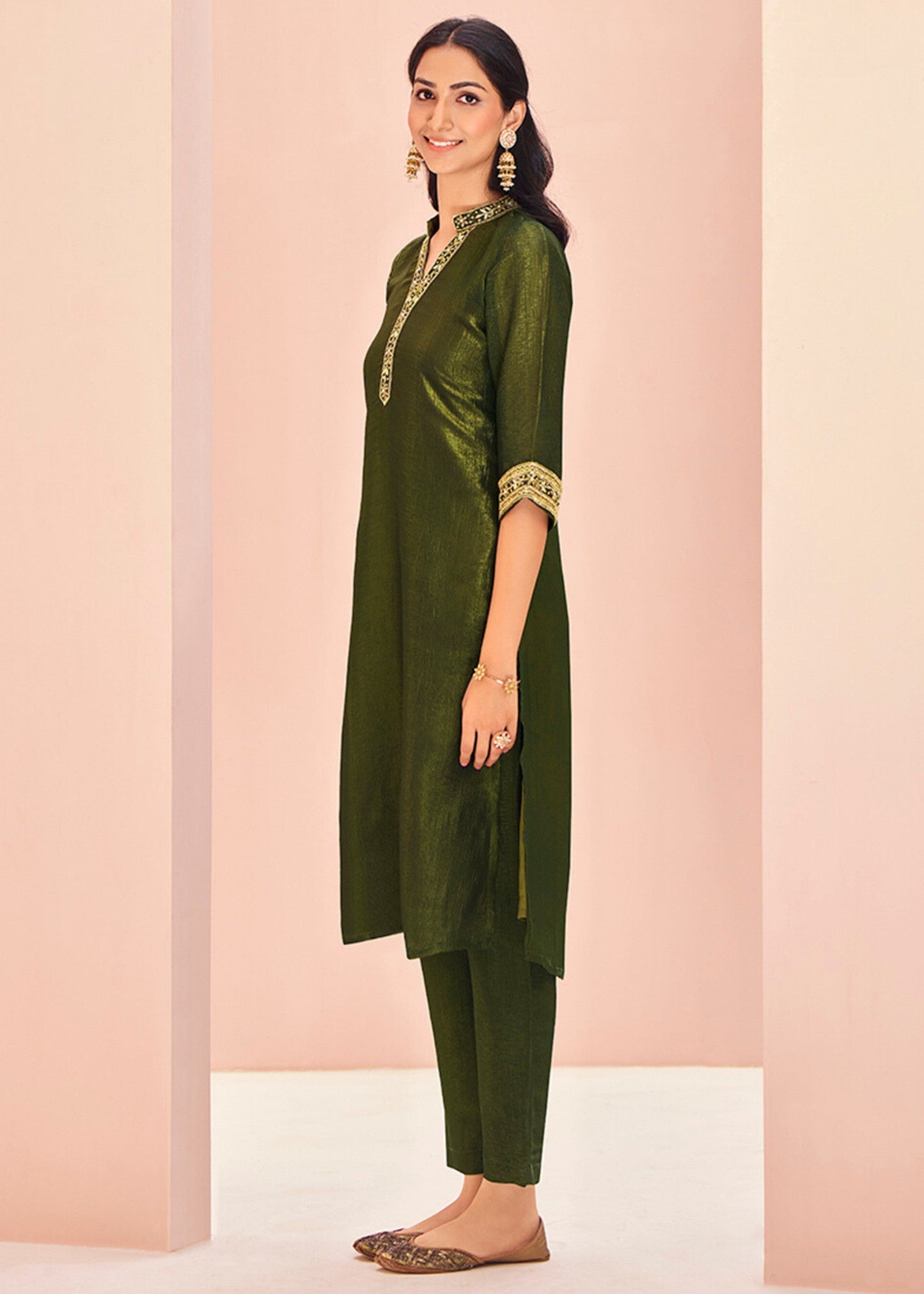 Olive Organza Handwork Kurta with Pant