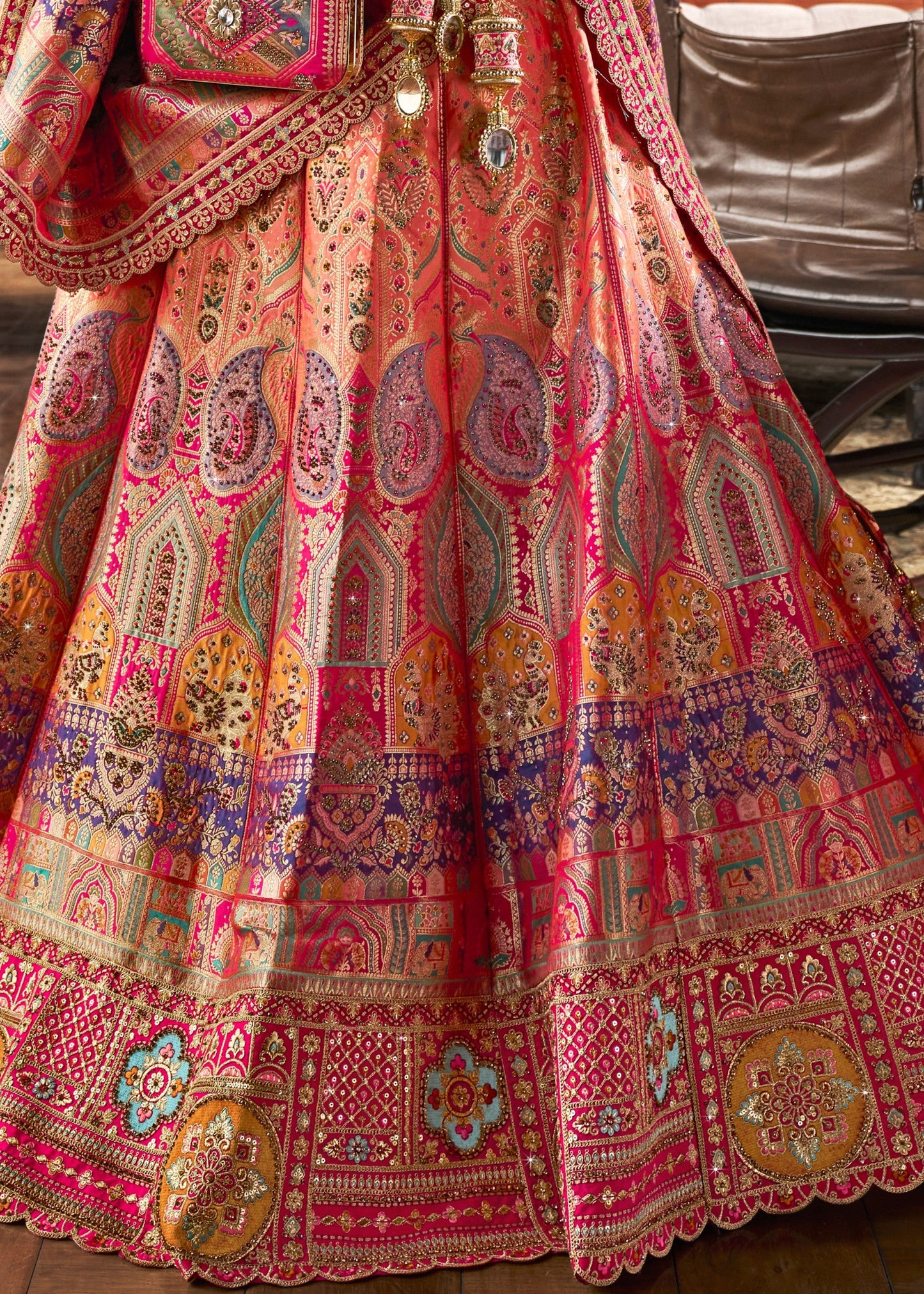 Coral Pink Banarasi Silk Lehenga with Zarkan Codding work