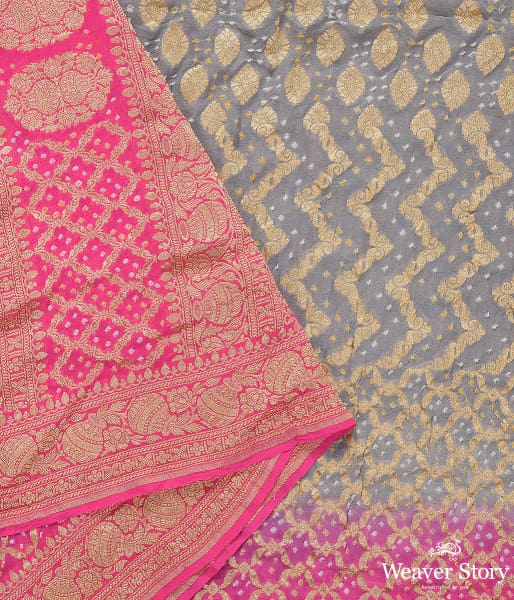 Handwoven Pink Grey Banarasi Bandhej Dupatta